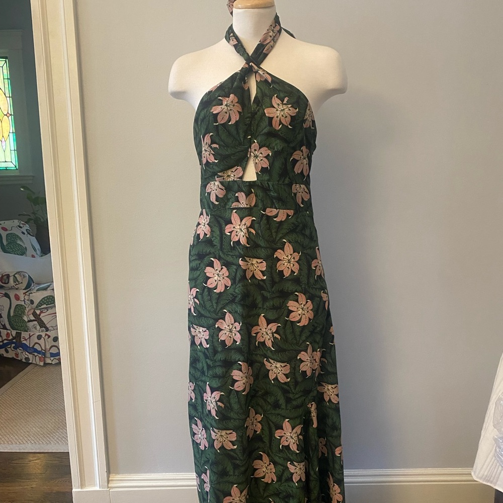 Topshop Halter Asymmetrical Midi Dress in Floral Motif US 6